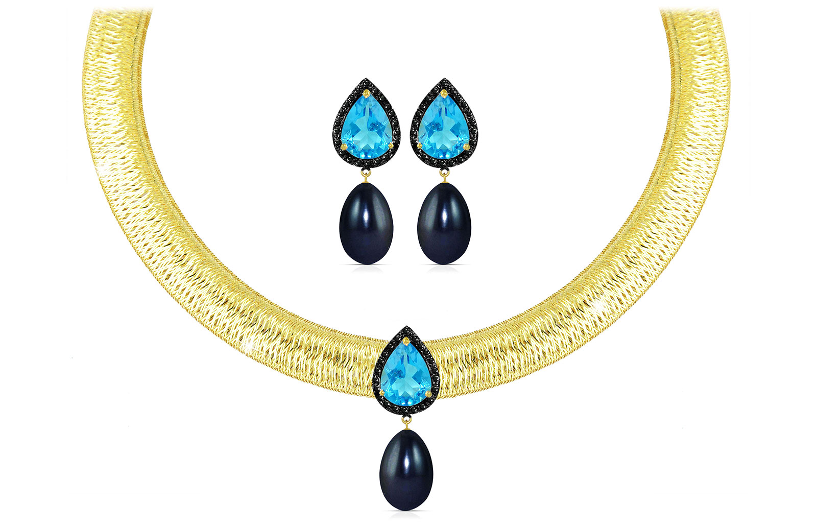 Vera Perla 18K Gold 0.36ct Black Diamonds, Topaz and 13mm Black Pearl Jewelry Set - 2 pcs.